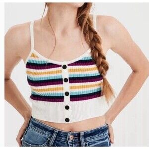 American Eagle Ribbed Rainbow Striped Crop Knit Tank Top Sweater Womens Size XS